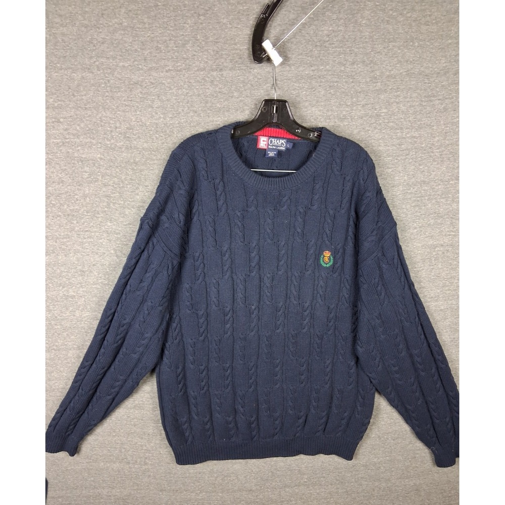 Chaps Ralph Lauren Mens Sweater L Dark Blue Cable‎ Knit Monogram Pullover Preppy